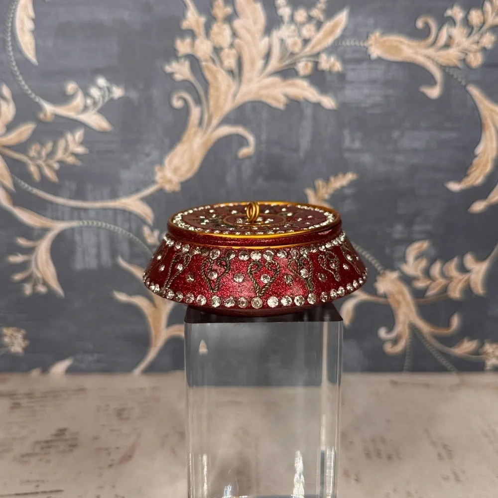 Vintage Red Jeweled Trinket Box Rhinestone Enamel Ormolu Round Casket